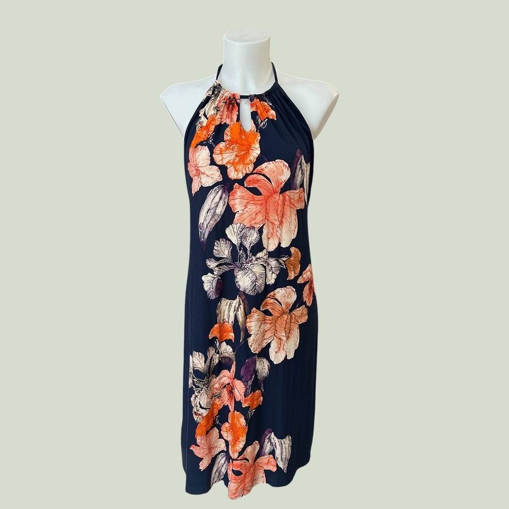 Tommy Bahama Halter Navy Multicolor Floral Sheath Dress Knee Length sz S